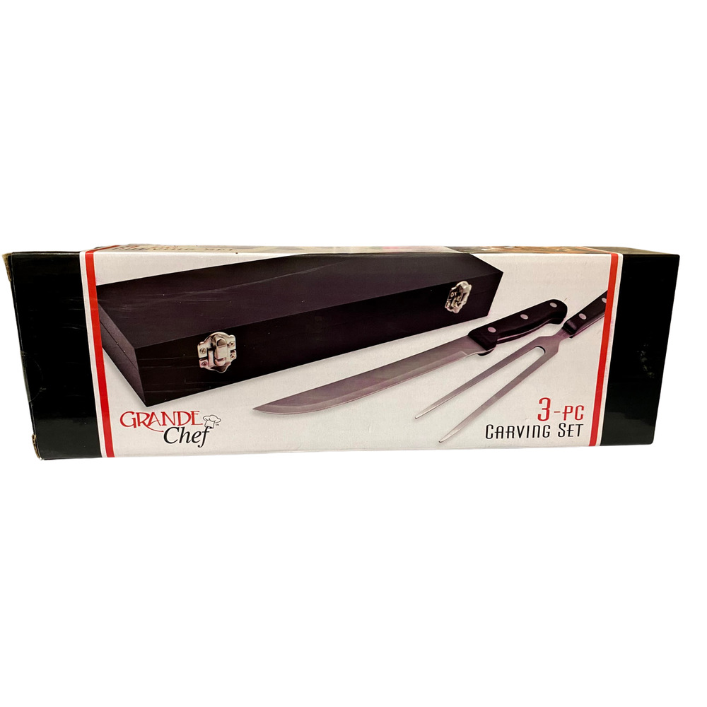 NWB Grande 3PC Carving and Slicing Knife Set With Wooden Storage Case